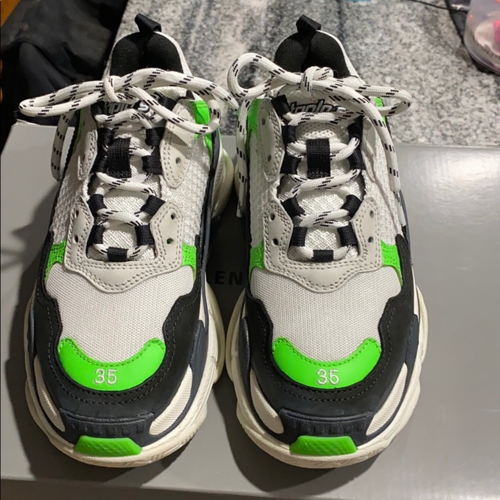 Balenciaga White Black Neon Green Triple S Sneakers - Picture 2 of 4
